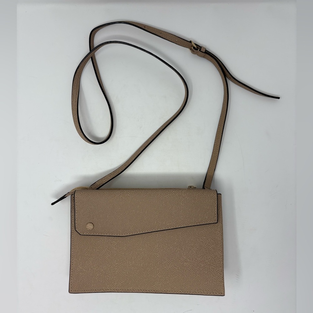 Valextra Pocket Slim Crossbody Bag Tan Brown Textured Leather Snap Pocket Italy